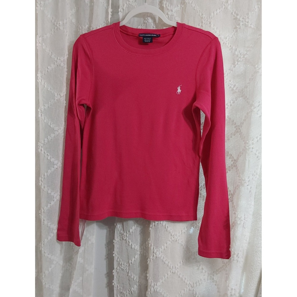 Ralph Lauren Womens Long Sleeve Cotton Tee Pink Crew Neck Pony Logo Large